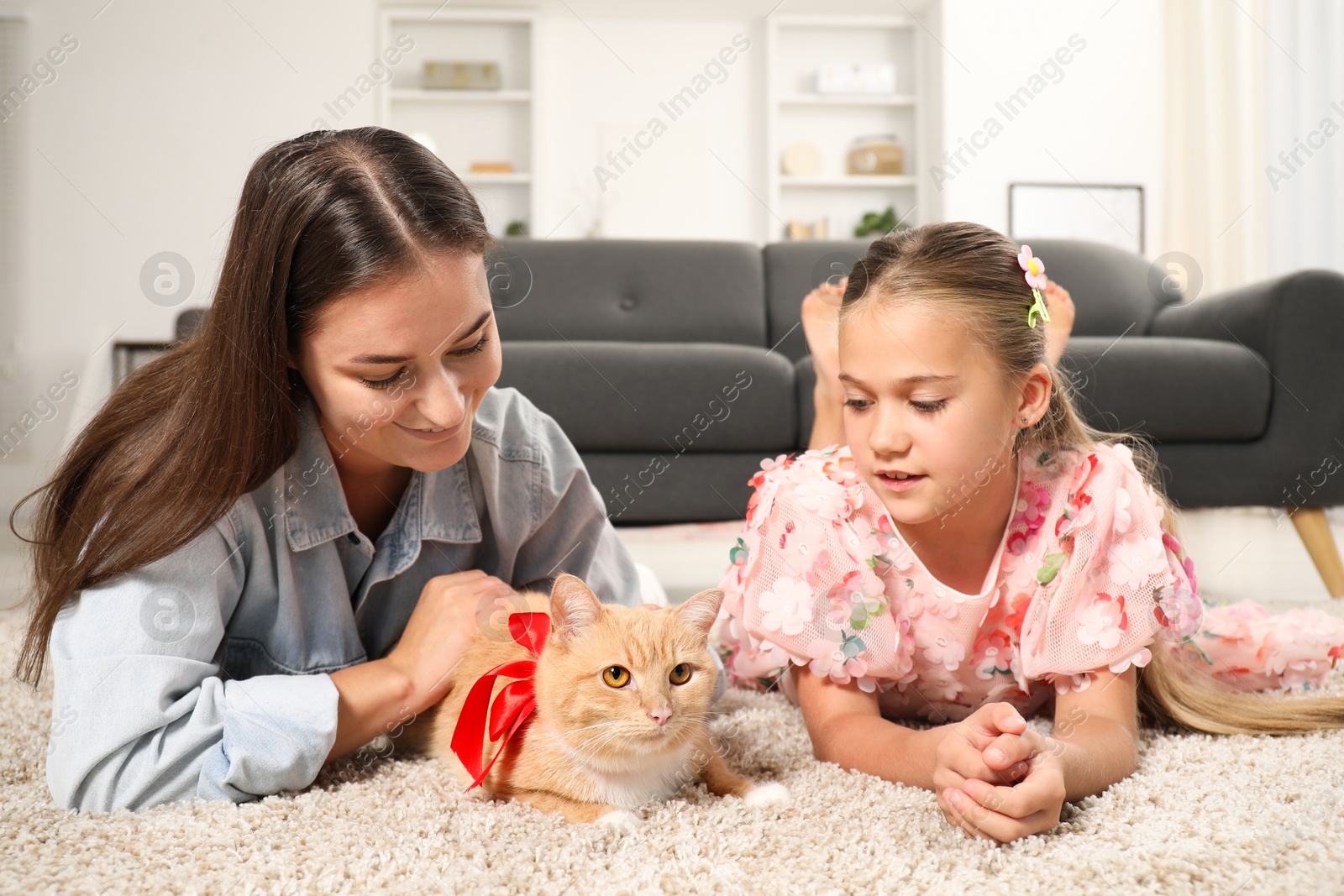 Photo of Dreams come true. Mother and her daughter stroking ginger cat with red bow on floor at home