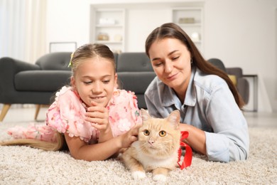 Photo of Dreams come true. Mother and her daughter stroking ginger cat with red bow on floor at home