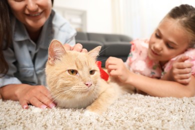 Photo of Dreams come true. Mother and her daughter stroking ginger cat with red bow on floor at home, selective focus