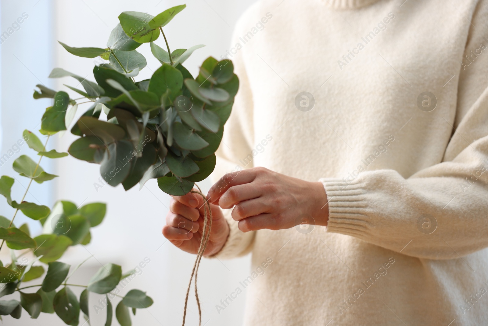 Florist making beautiful bouquet of eucalyptus branches in flower shop, closeup Photo of Florist making beautiful bouquet of eucalyptus branches in flower shop, closeup