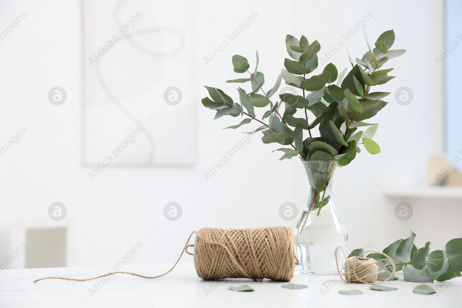 Florist. Eucalyptus branches in vase and threads on white table in flower shop, space for text Photo of Florist. Eucalyptus branches in vase and threads on white table in flower shop, space for text