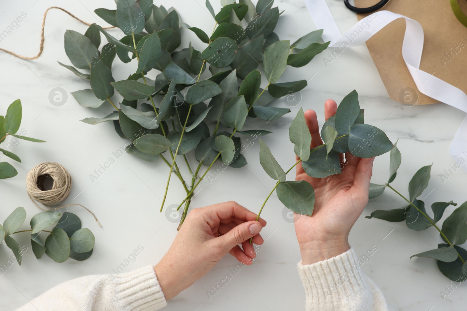 Florist making beautiful bouquet of eucalyptus branches at white marble table, top view Photo of Florist making beautiful bouquet of eucalyptus branches at white marble table, top view