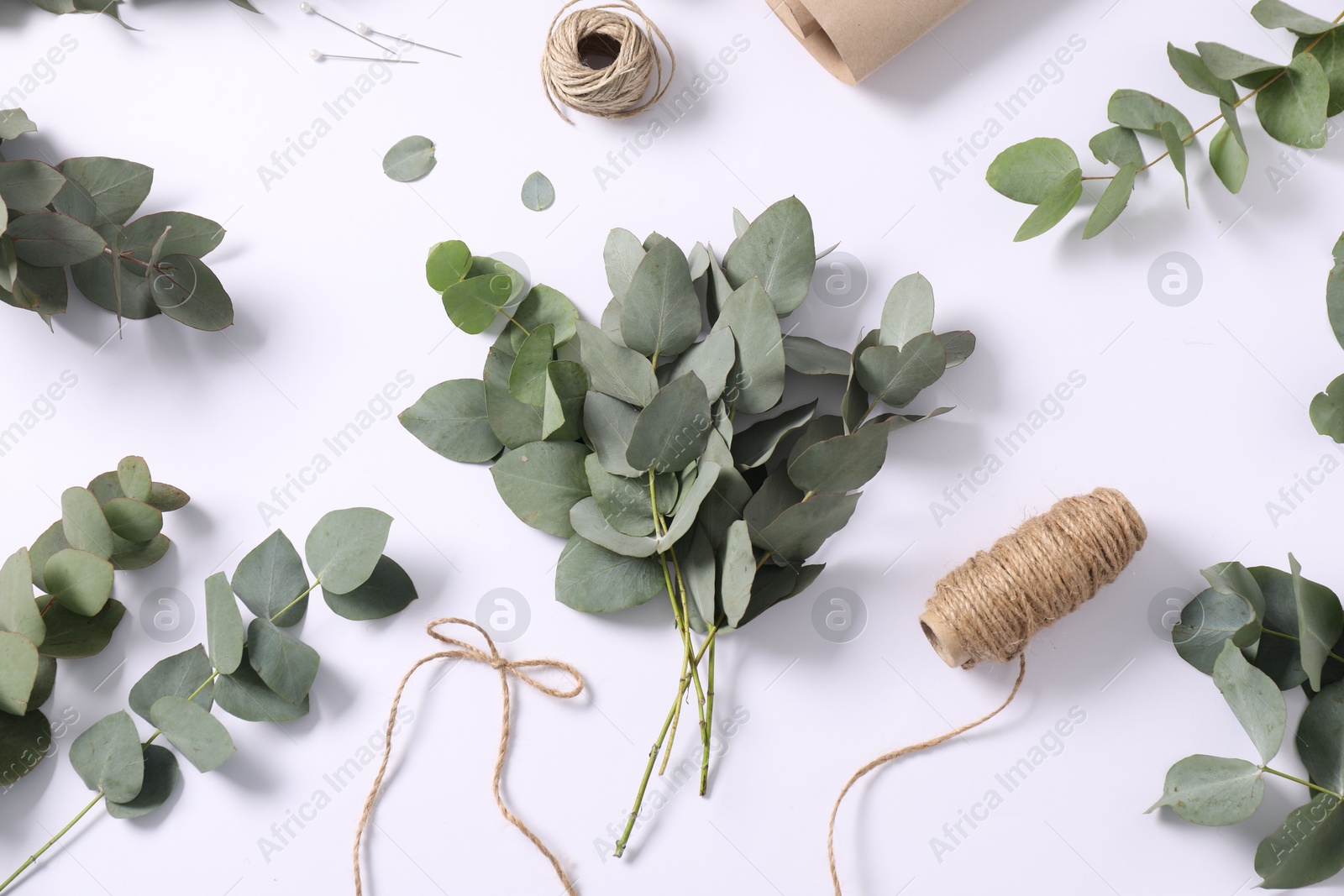 Florist. Eucalyptus branches, threads and pins on white table, flat lay Photo of Florist. Eucalyptus branches, threads and pins on white table, flat lay