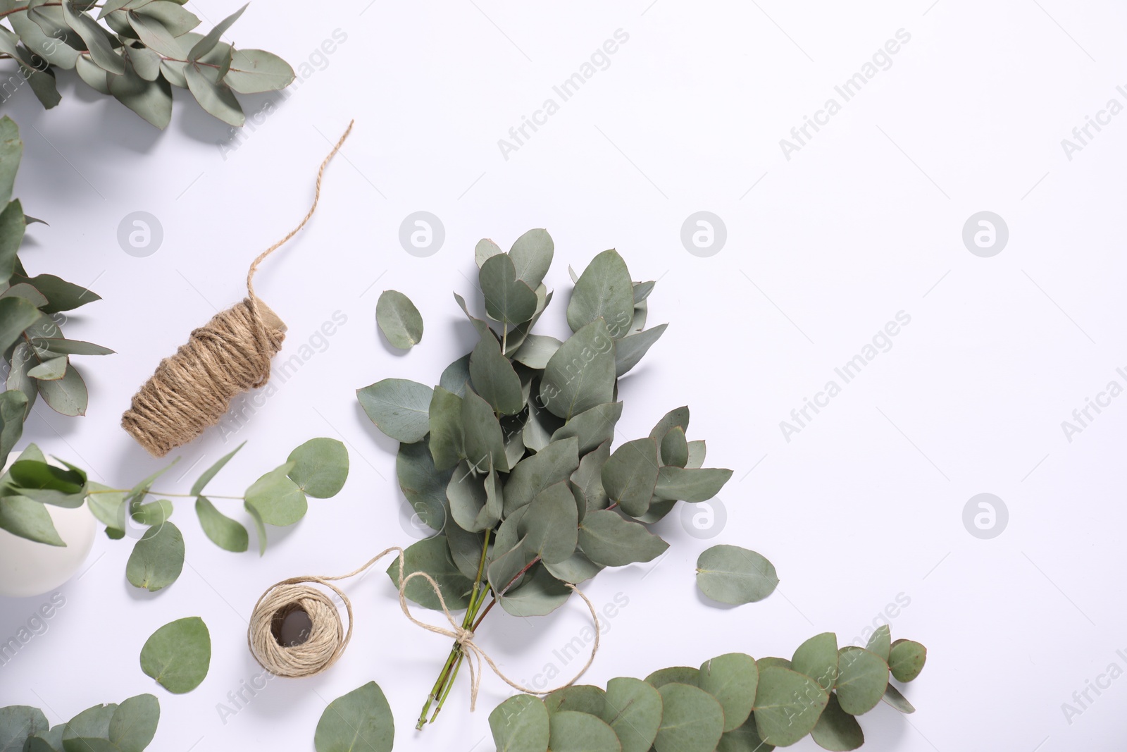 Florist. Eucalyptus branches and threads on white table, flat lay. Space for text Photo of Florist. Eucalyptus branches and threads on white table, flat lay. Space for text