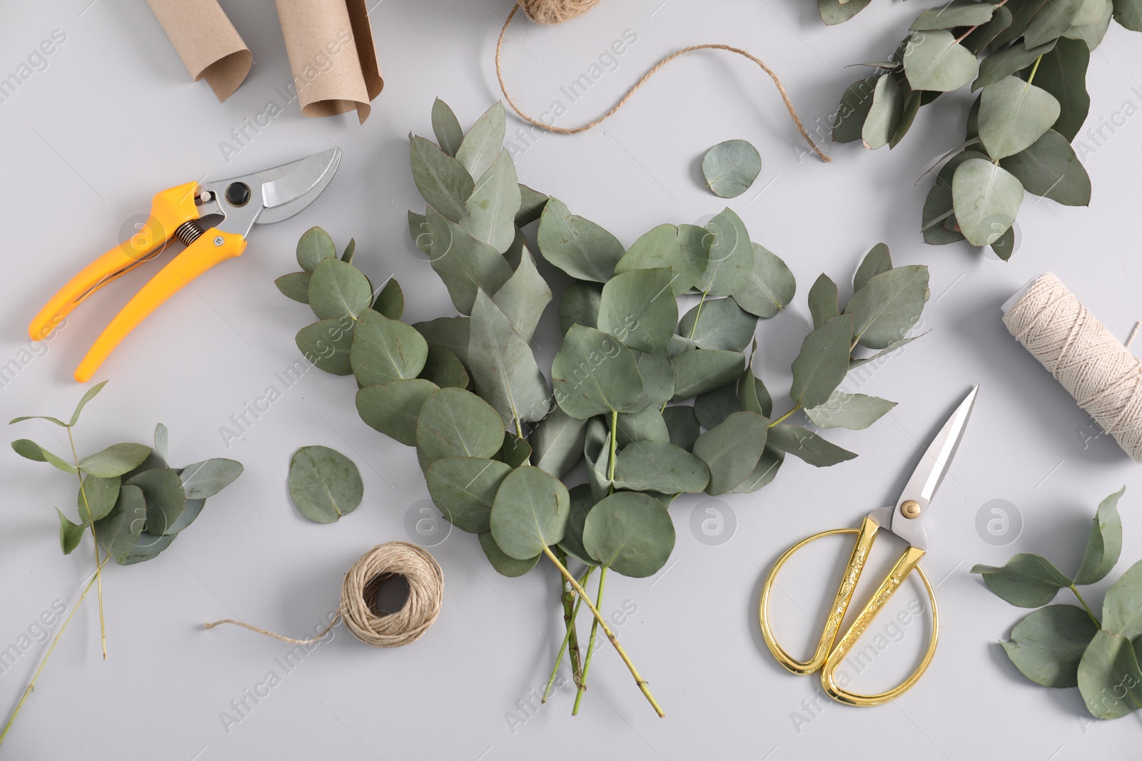 Florist. Eucalyptus branches, threads, pruner, wrapping paper and scissors on white table, flat lay Photo of Florist. Eucalyptus branches, threads, pruner, wrapping paper and scissors on white table, flat lay