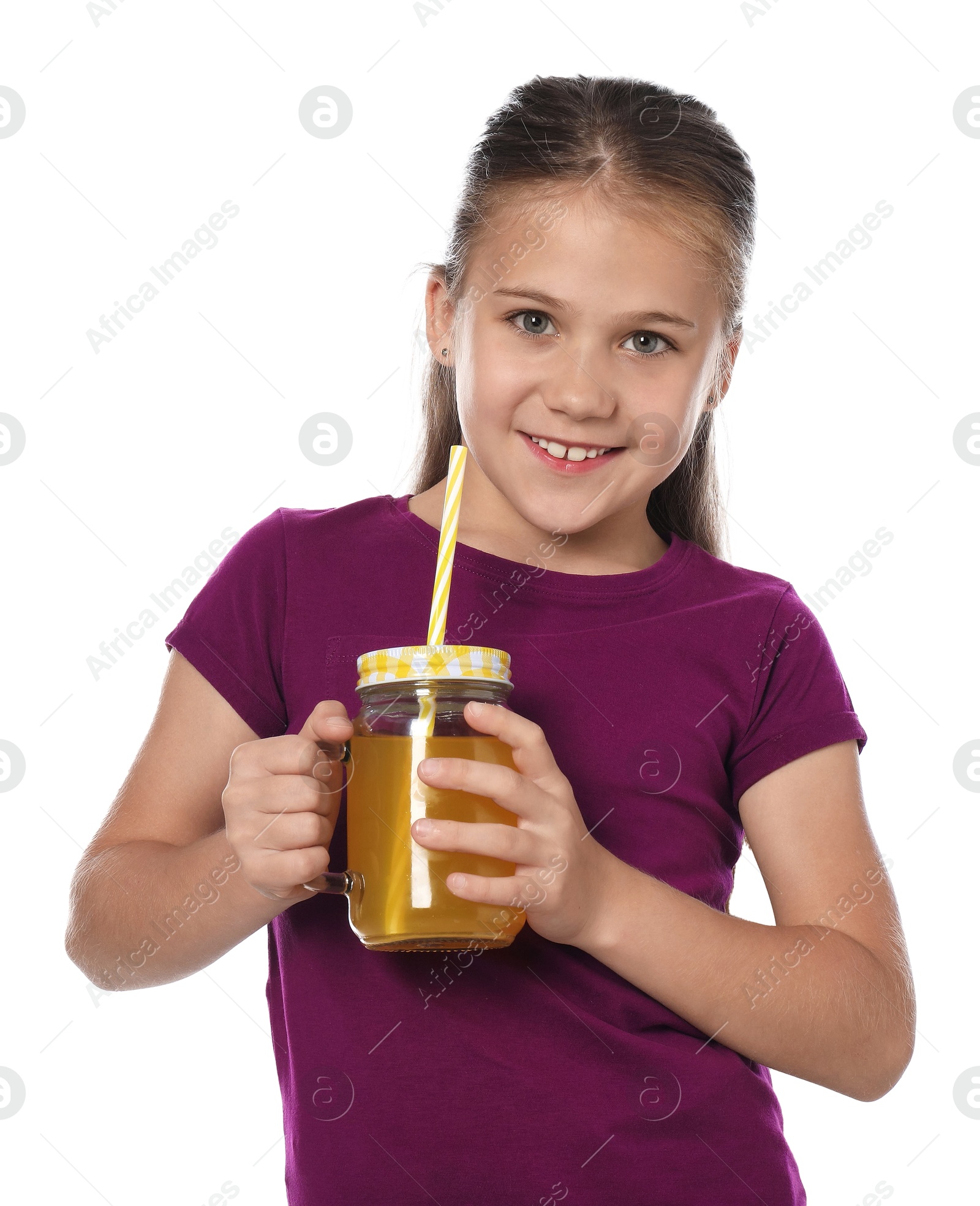 Photo of Little girl with juice and drinking straw on white background