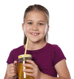 Photo of Little girl with juice and drinking straw on white background