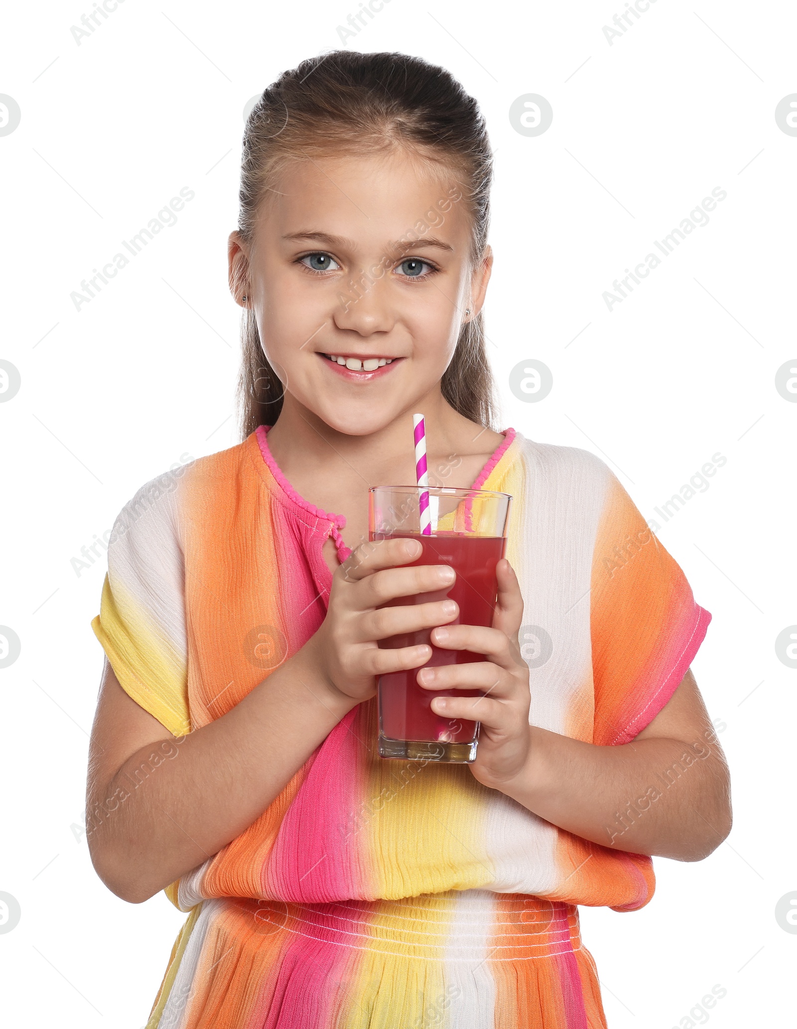 Photo of Little girl with juice and drinking straw on white background