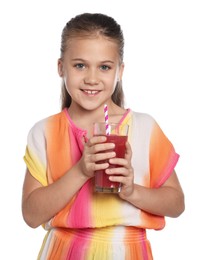 Photo of Little girl with juice and drinking straw on white background