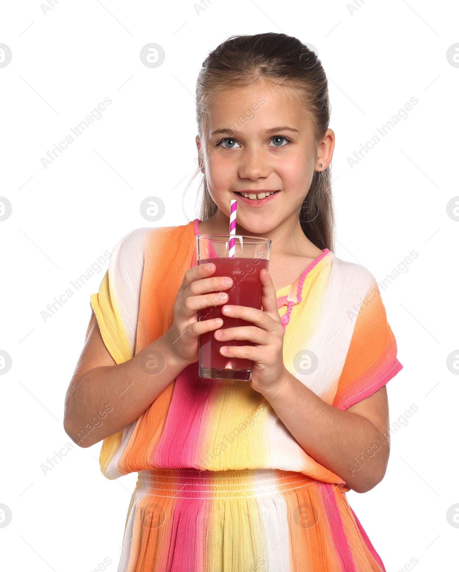 Photo of Little girl with juice and drinking straw on white background