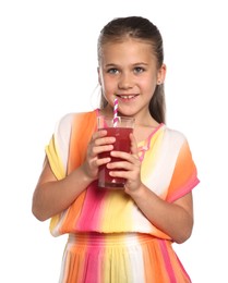 Photo of Little girl with juice and drinking straw on white background