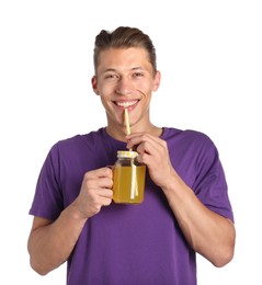 Photo of Man drinking juice through straw on white background