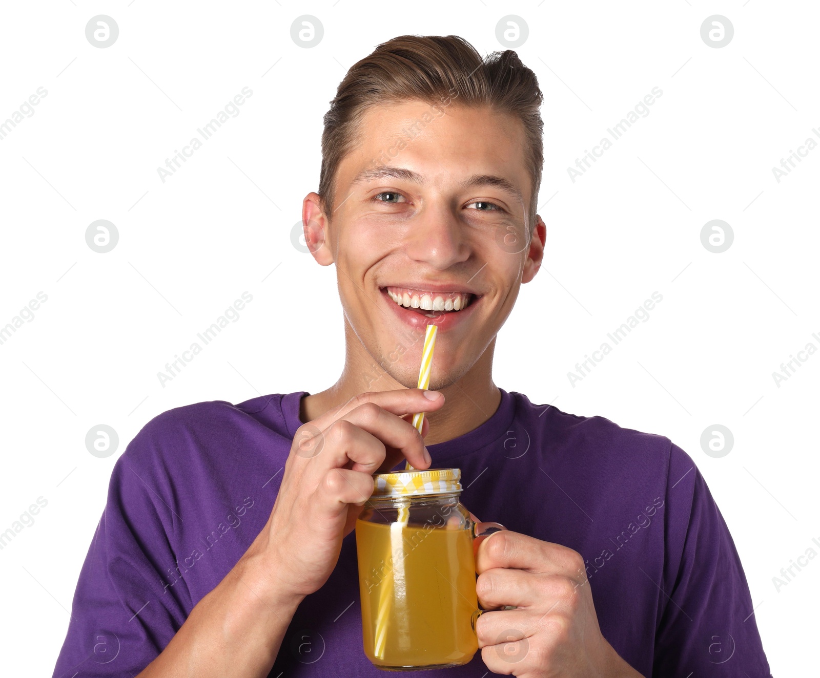 Photo of Man drinking juice through straw on white background