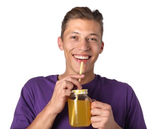 Photo of Man drinking juice through straw on white background