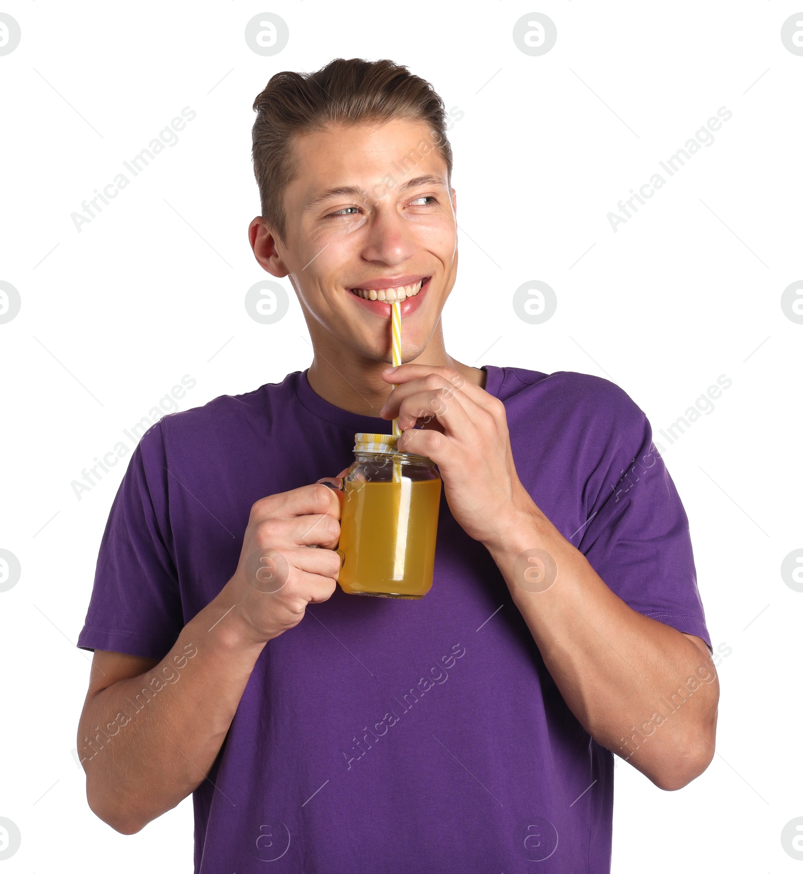 Photo of Man drinking juice through straw on white background