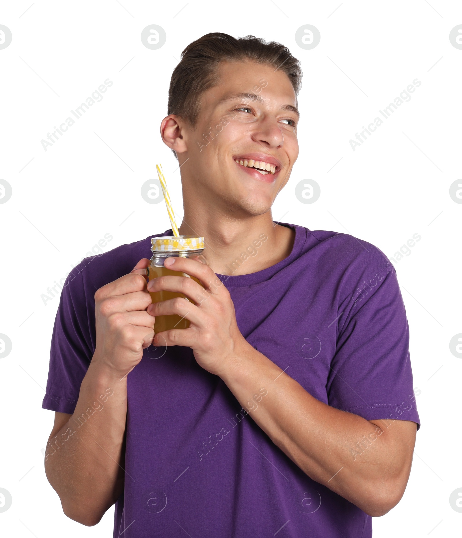 Photo of Man drinking juice through straw on white background