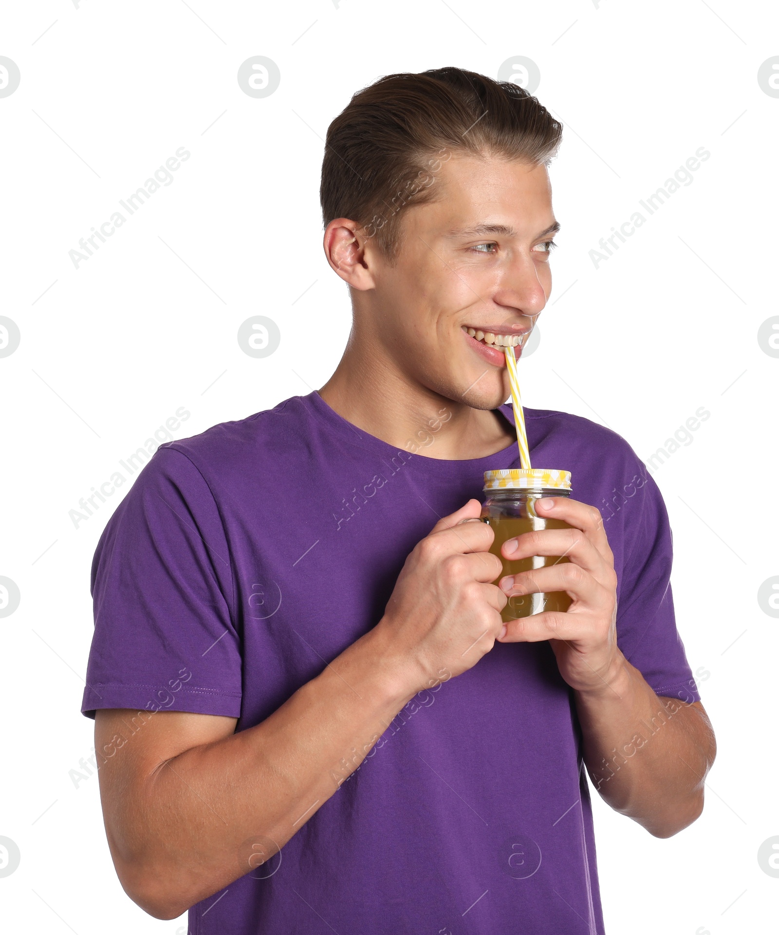 Photo of Man drinking juice through straw on white background