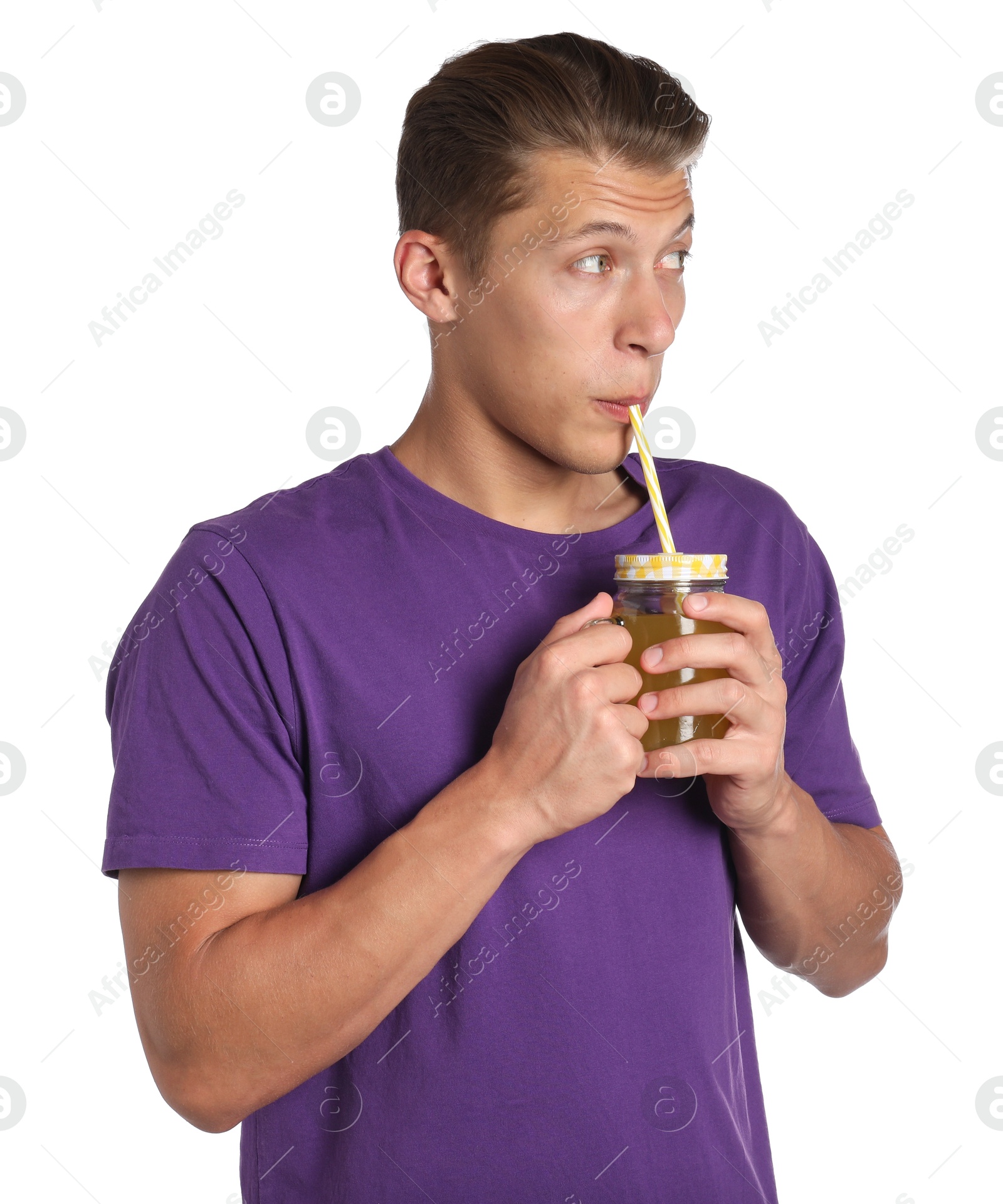 Photo of Man drinking juice through straw on white background