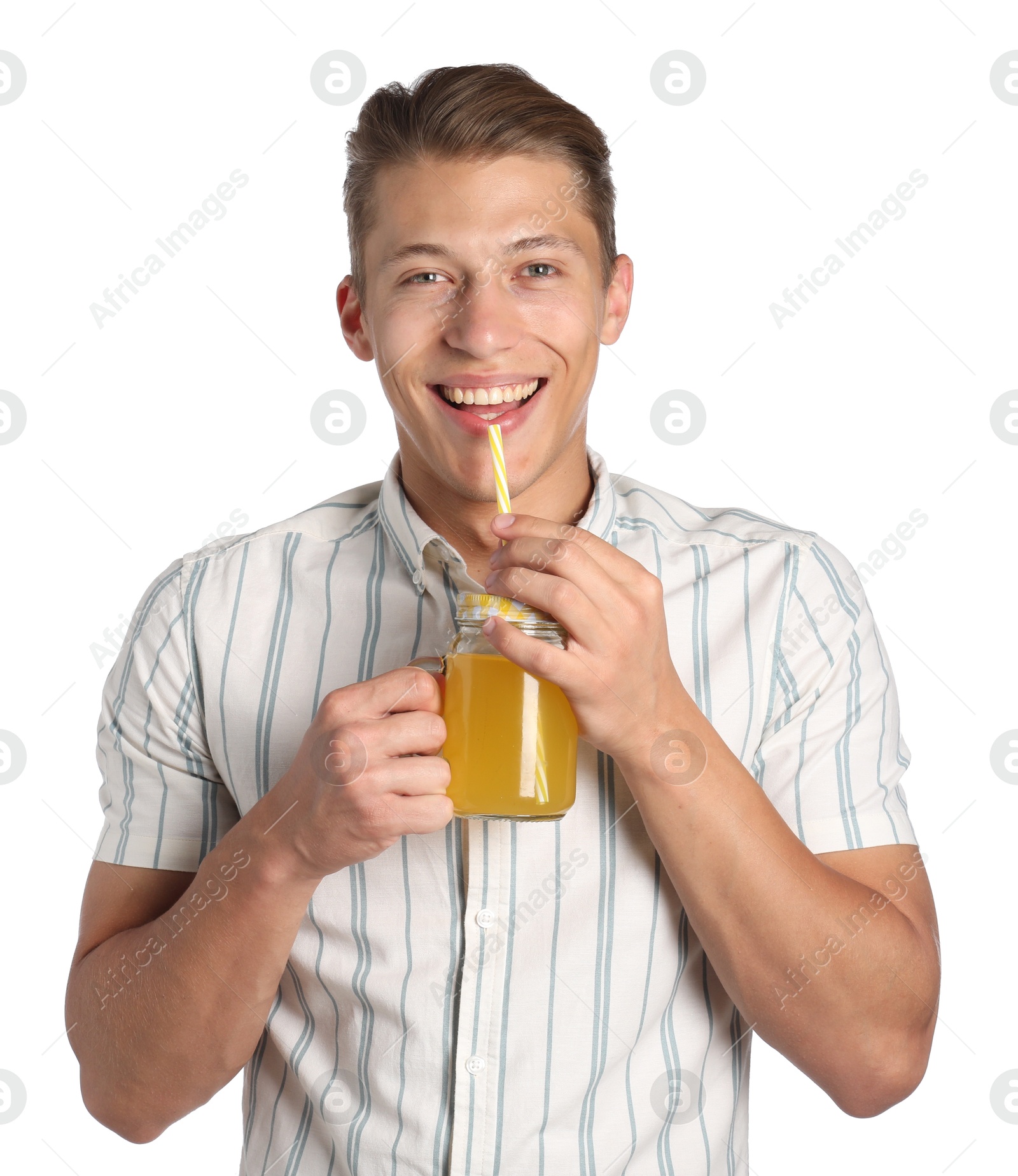 Photo of Man drinking juice through straw on white background