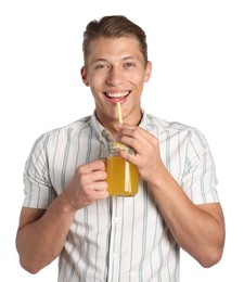 Photo of Man drinking juice through straw on white background