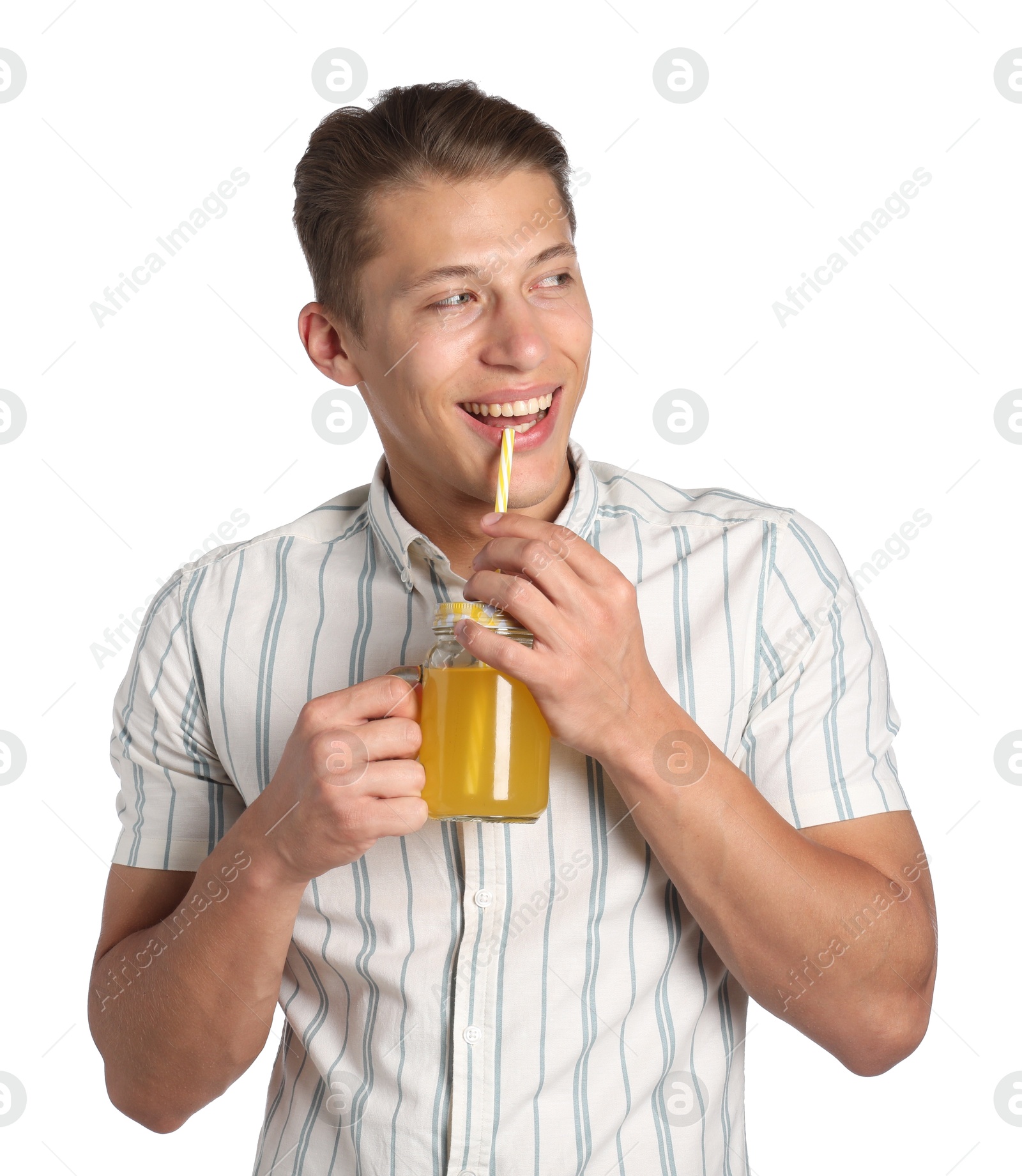 Photo of Man drinking juice through straw on white background
