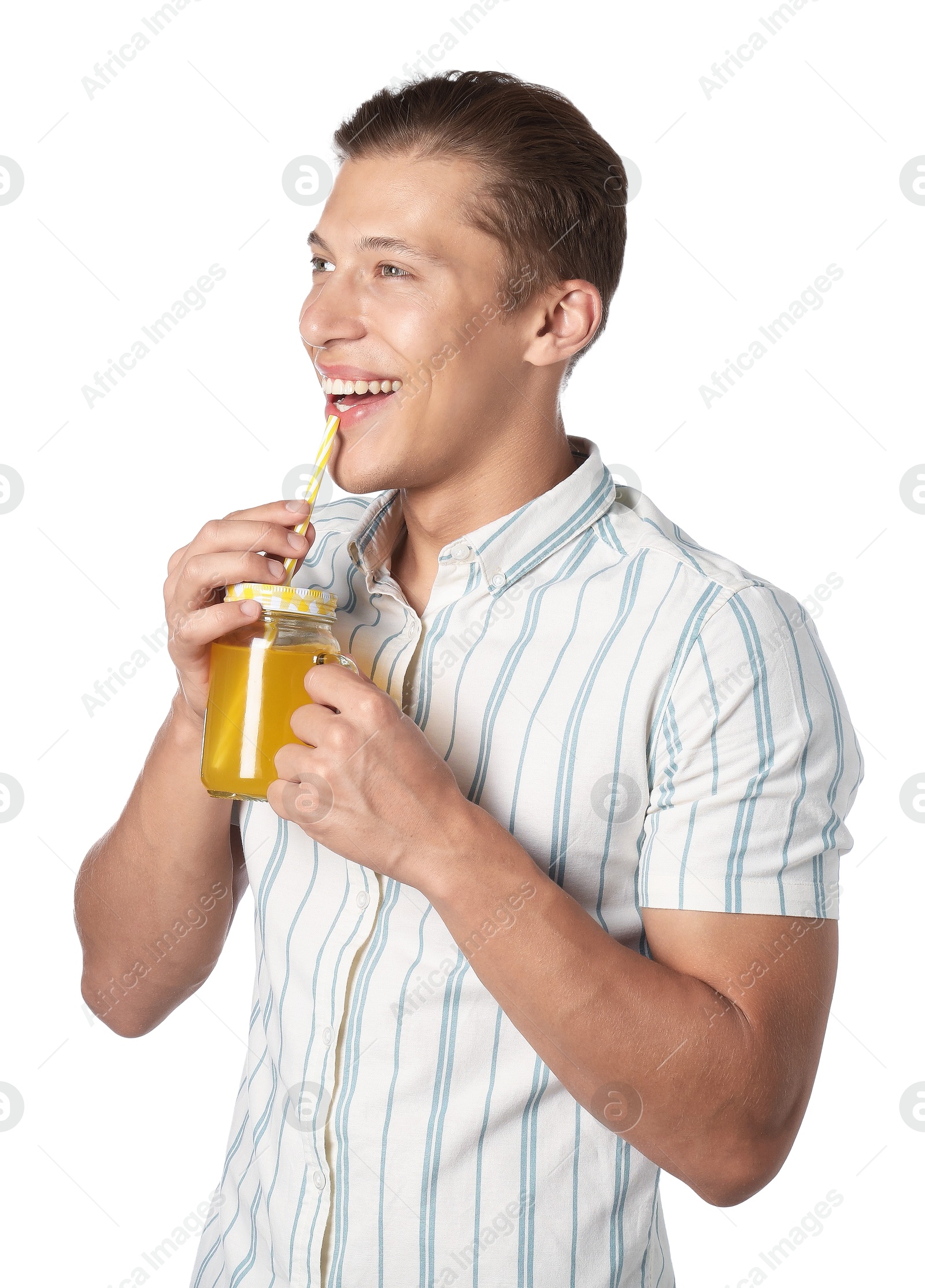 Photo of Man drinking juice through straw on white background