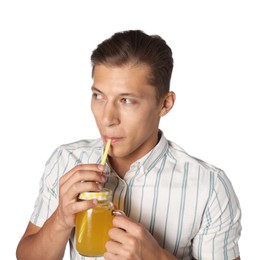 Photo of Man drinking juice through straw on white background