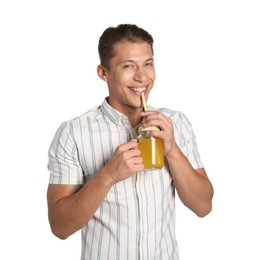Photo of Man drinking juice through straw on white background