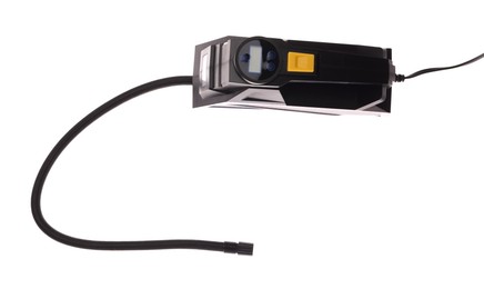 Photo of One black tire inflator isolated on white, top view