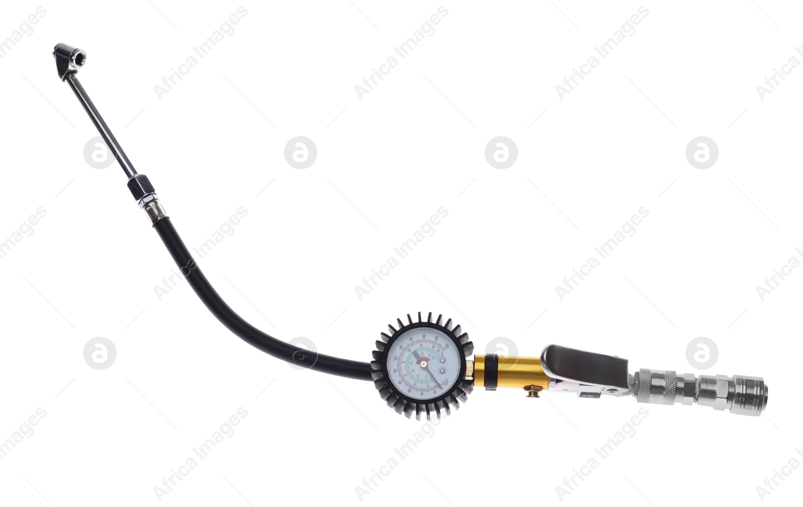 One tire inflation gun with gauge isolated on white, top view Photo of One tire inflation gun with gauge isolated on white, top view