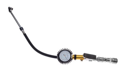 Photo of One tire inflation gun with gauge isolated on white, top view