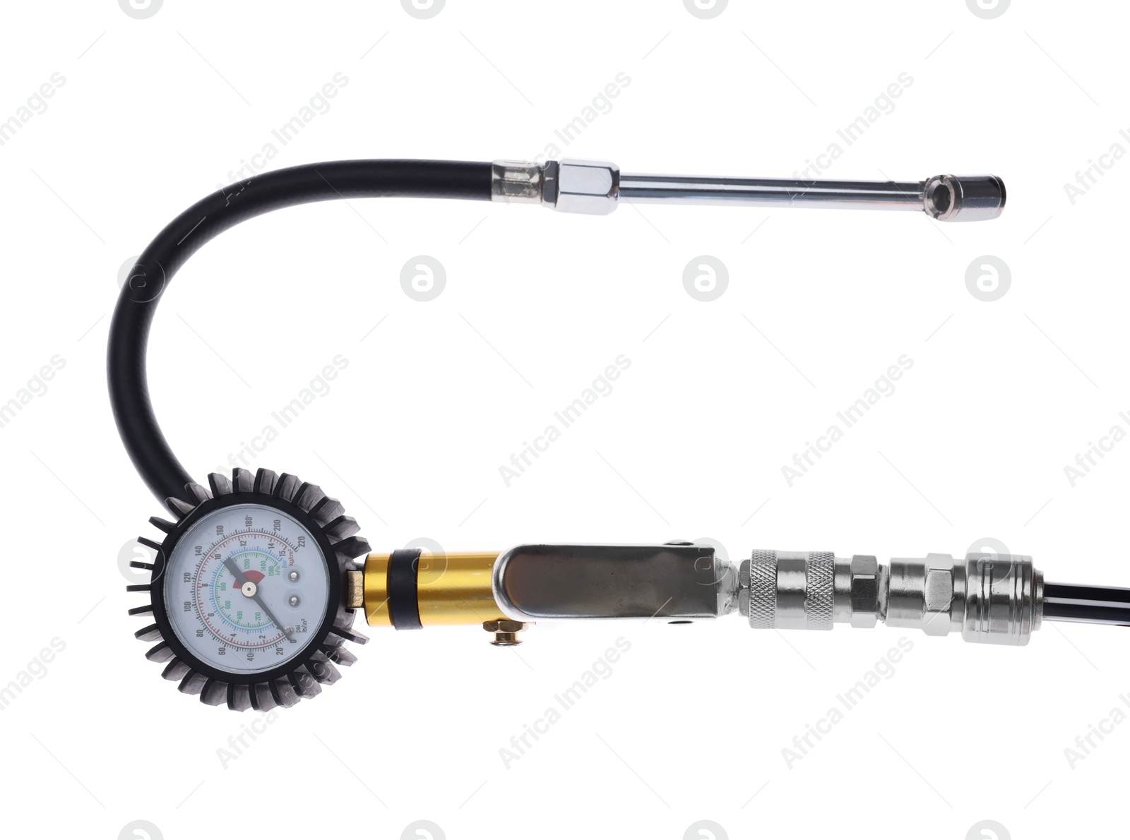 One tire inflation gun with gauge isolated on white, top view Photo of One tire inflation gun with gauge isolated on white, top view