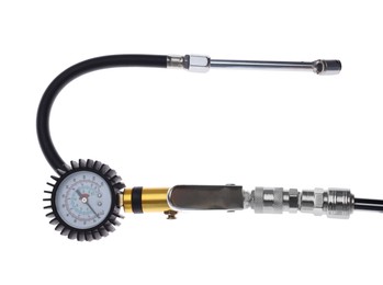 Photo of One tire inflation gun with gauge isolated on white, top view