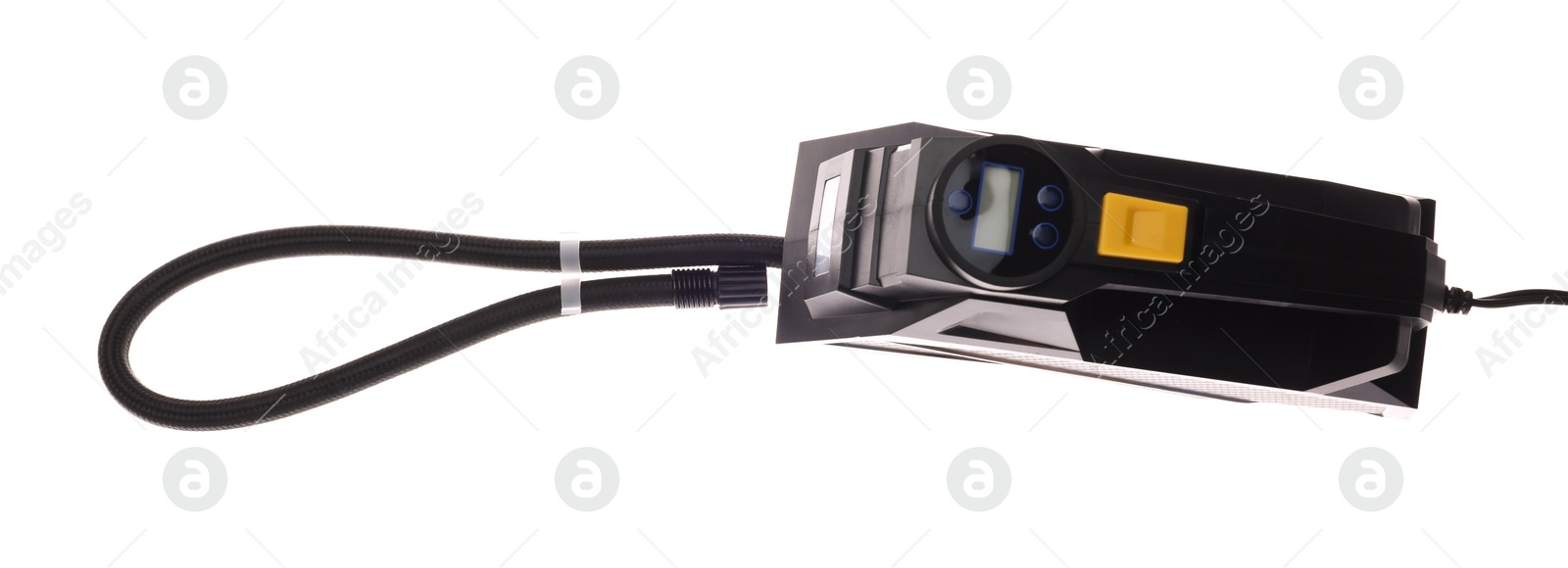 One black tire inflator isolated on white, top view Photo of One black tire inflator isolated on white, top view