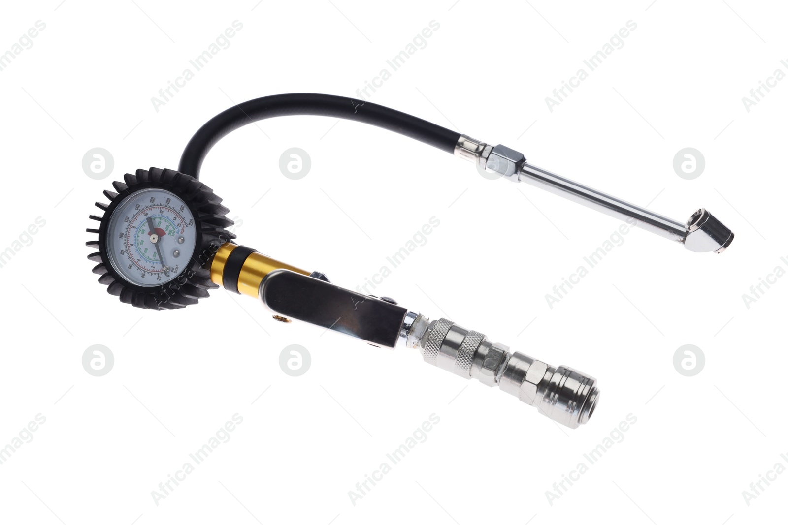 One tire inflation gun with gauge isolated on white Photo of One tire inflation gun with gauge isolated on white