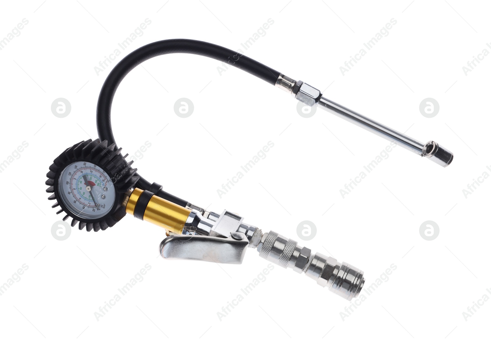 One tire inflation gun with gauge isolated on white Photo of One tire inflation gun with gauge isolated on white