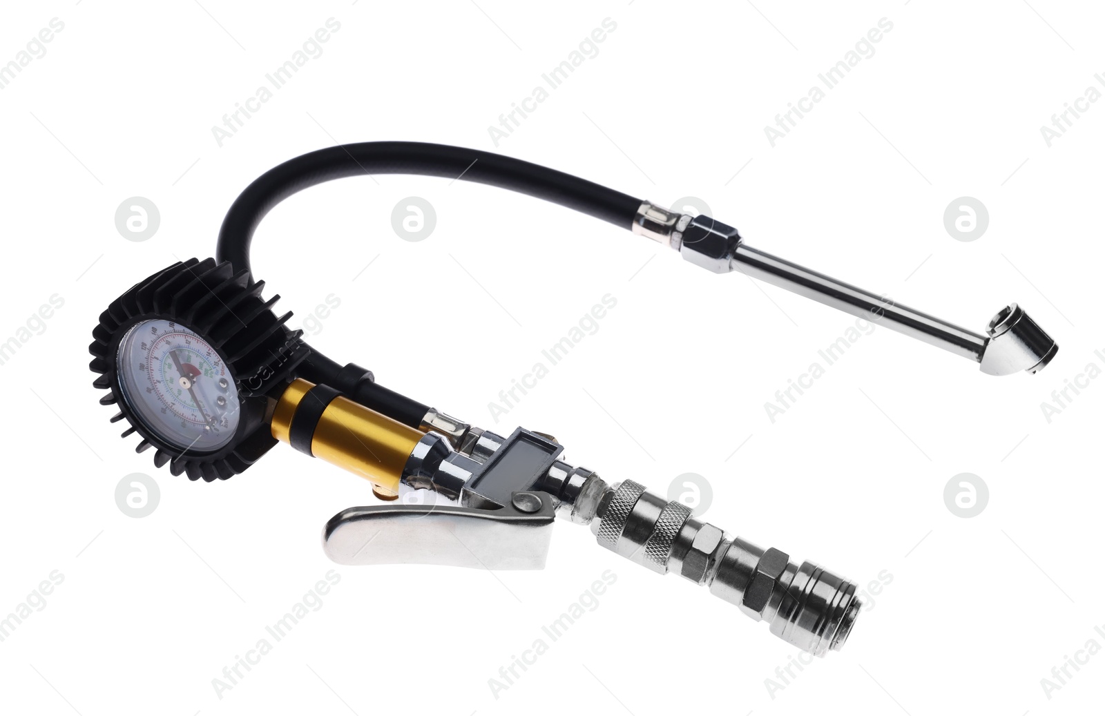 One tire inflation gun with gauge isolated on white Photo of One tire inflation gun with gauge isolated on white