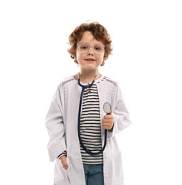 Photo of Choice of profession. Little boy with stethoscope pretending to be doctor on white background