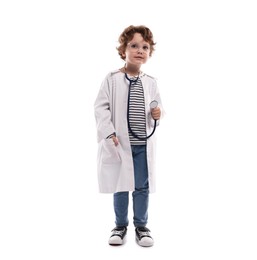 Photo of Choice of profession. Little boy with stethoscope pretending to be doctor on white background
