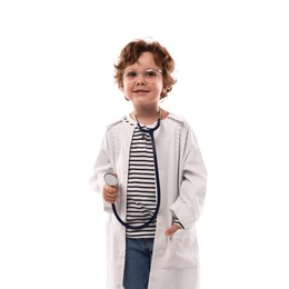 Photo of Choice of profession. Little boy with stethoscope pretending to be doctor on white background