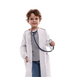 Photo of Choice of profession. Little boy with stethoscope pretending to be doctor on white background