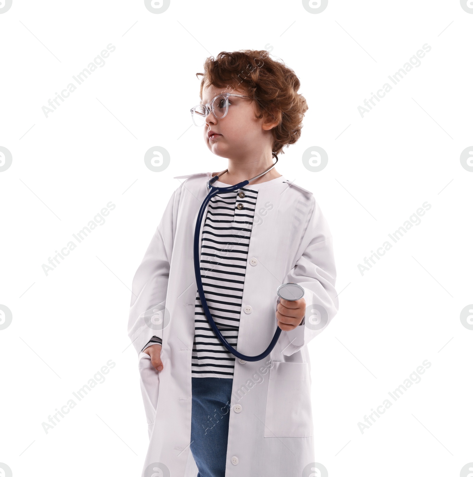 Choice of profession. Little boy with stethoscope pretending to be doctor on white background Photo of Choice of profession. Little boy with stethoscope pretending to be doctor on white background