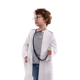 Photo of Choice of profession. Little boy with stethoscope pretending to be doctor on white background