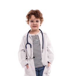 Photo of Choice of profession. Little boy with stethoscope pretending to be doctor on white background
