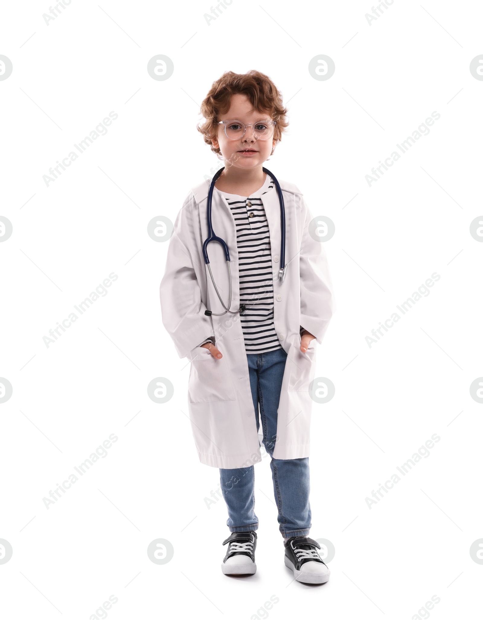 Choice of profession. Little boy with stethoscope pretending to be doctor on white background Photo of Choice of profession. Little boy with stethoscope pretending to be doctor on white background