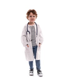 Photo of Choice of profession. Little boy with stethoscope pretending to be doctor on white background