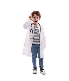 Photo of Choice of profession. Little boy with stethoscope pretending to be doctor on white background