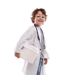 Photo of Choice of profession. Little boy with stethoscope and first aid kit pretending to be doctor on white background