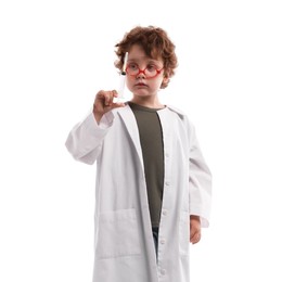 Photo of Choice of profession. Little boy in glasses with syringe pretending to be doctor on white background