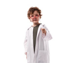 Photo of Choice of profession. Little boy in glasses with syringe pretending to be doctor on white background